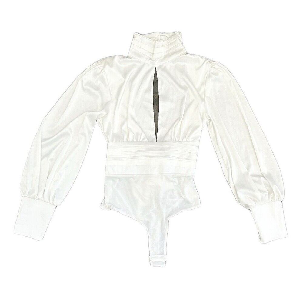 Fashion Nova Women’s M Satin Bodysuit Long Sleeve Open Front &‎ Back W/ Bow NWT